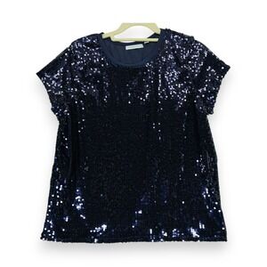 NWT Notations Women's Navy Blue Sequin Sparkle Short Sleeve Top Size Large